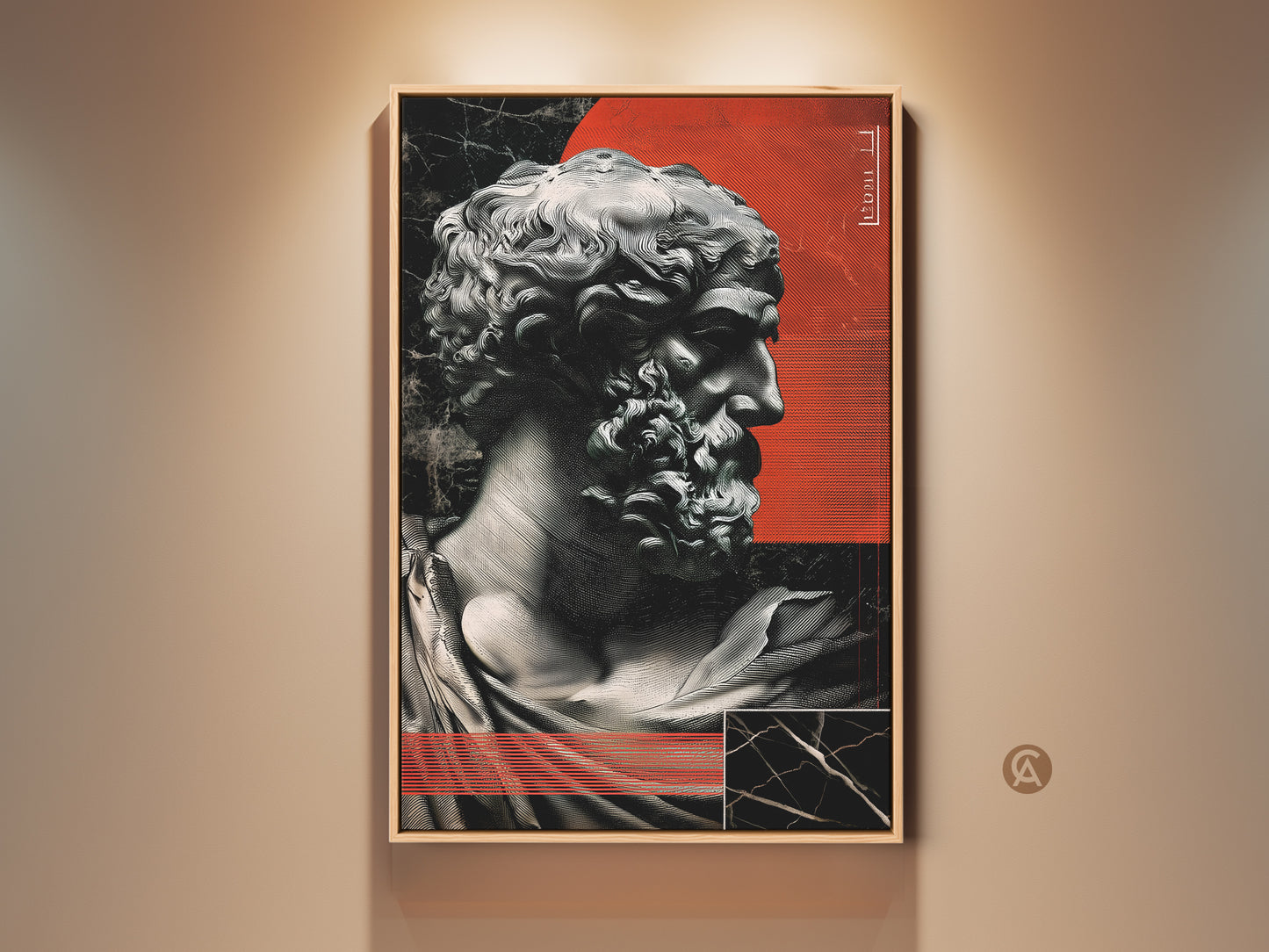 Framed red abstract sculpture wall art is showcased. The marble bust print creates contemporary classical art in a study room. This eclectic office decor is a perfect art lover gift. Unique wall hanging art for the home.