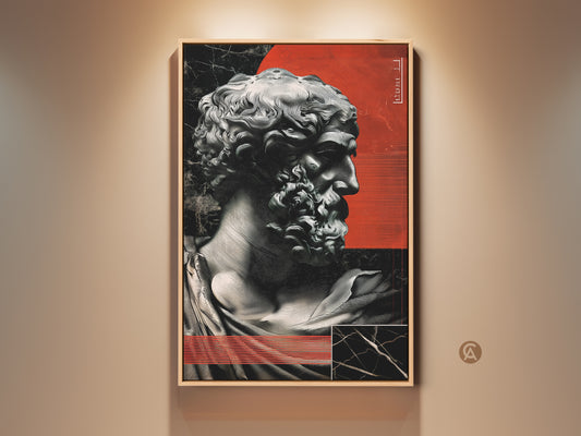 Framed red abstract sculpture wall art is showcased. The marble bust print creates contemporary classical art in a study room. This eclectic office decor is a perfect art lover gift. Unique wall hanging art for the home.