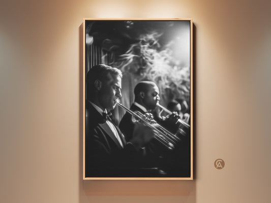 Stunning black and white artwork of two jazz musicians playing their trumpets. The art is displayed in a natural wood frame. Perfect wall decor for music lovers. This framed art will add a touch of sophistication to any room. Buy this unique piece today
