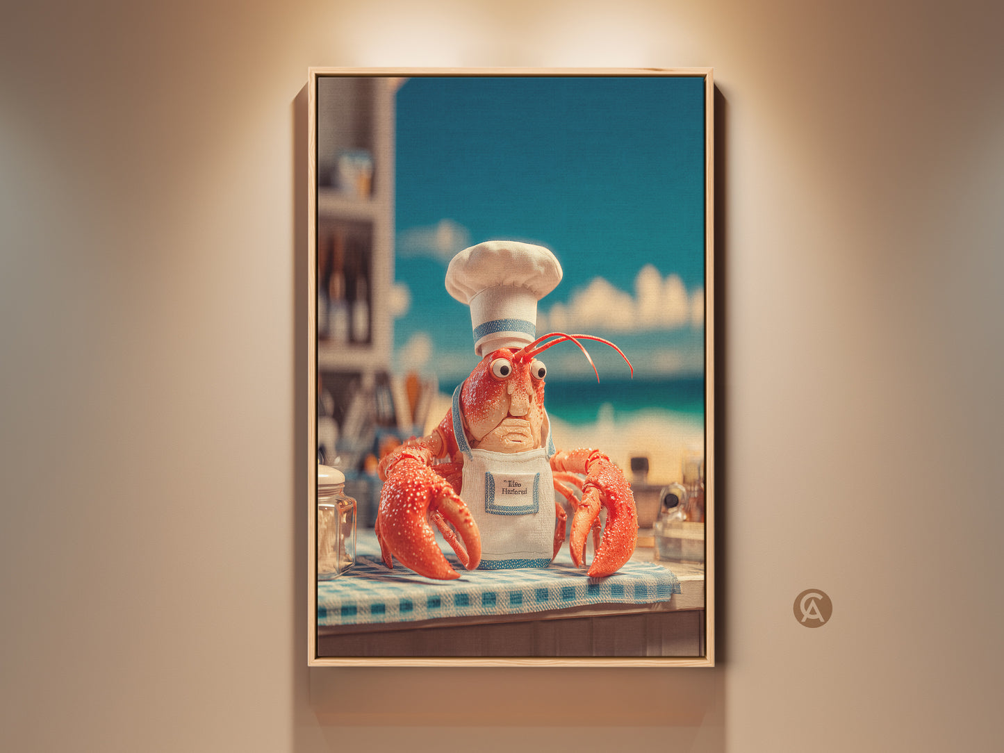 Framed lobster chef art adds humor to your space. This whimsical artwork features a lobster wearing a chef's hat and apron. The comical print is perfect for kitchens and dining areas. A coastal art piece adds a unique touch to your home decor.