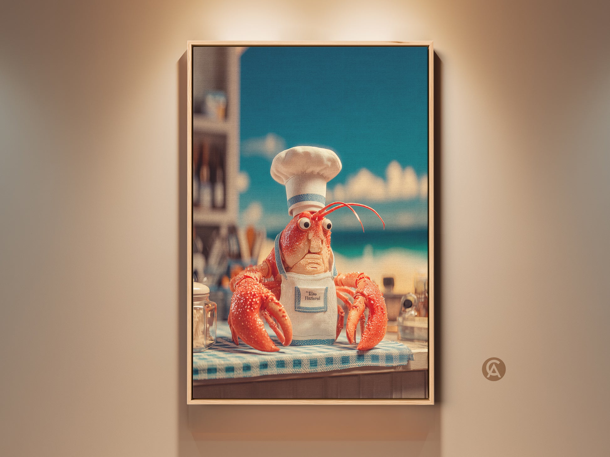 Framed lobster chef art adds humor to your space. This whimsical artwork features a lobster wearing a chef's hat and apron. The comical print is perfect for kitchens and dining areas. A coastal art piece adds a unique touch to your home decor.