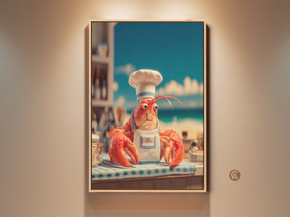 Framed lobster chef art adds humor to your space. This whimsical artwork features a lobster wearing a chef's hat and apron. The comical print is perfect for kitchens and dining areas. A coastal art piece adds a unique touch to your home decor.