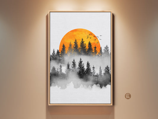 Minimalist watercolor forest art print features an orange sun and birds. Abstract wall decor brings a serene landscape to your bedroom. Modern home office gift idea. The artwork has a woodland misty forest.