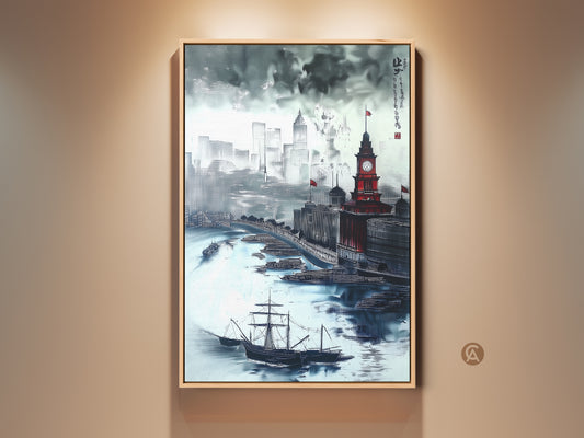 Framed ink wash cityscape art print. This traditional Chinese painting shows maritime architecture with a clock tower. Tall ships add nautical charm to the urban landscape. The art is framed in oak. A sophisticated touch for office or home decor.