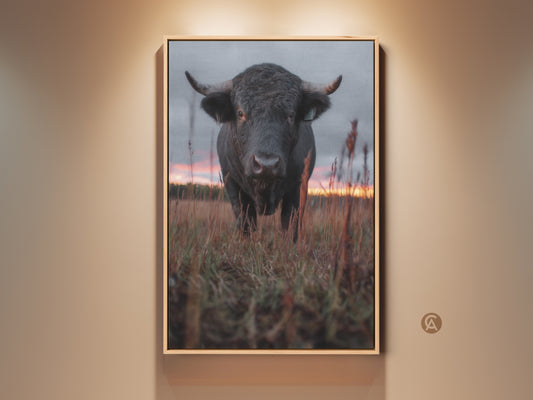 Rustic bull wall art in a farmhouse style. The canvas print captures wildlife animal decor. A bedroom art piece with a rustic gift idea. The bull stands in a field at sunset. Earthy tones enhance this traditional farm art.