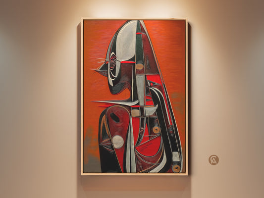 Geometric abstract figure art in a wooden frame. Tangerine red background. This canvas wall art features Mid-Century Modern influences. Shop eclectic home decor and housewarming gift ideas for art lovers.
