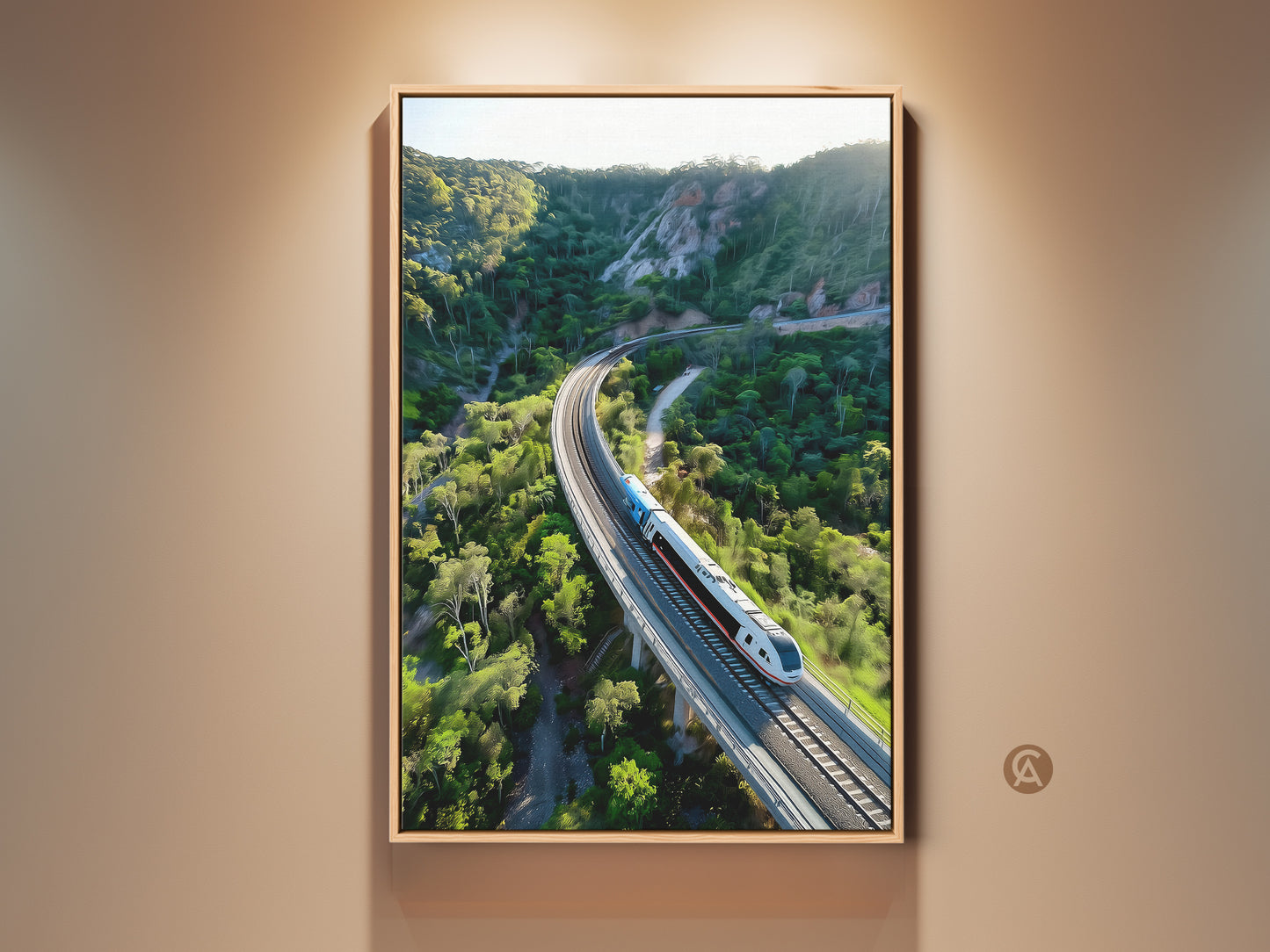 Elevate your space with this captivating aerial train canvas print. The green mountain landscape art offers a contemporary travel artwork vibe. It is a perfect housewarming gift idea. This artwork enhances any room with its scenic train route and unique aerial view. Bring the beauty of alpine landscapes into your home or office decor.