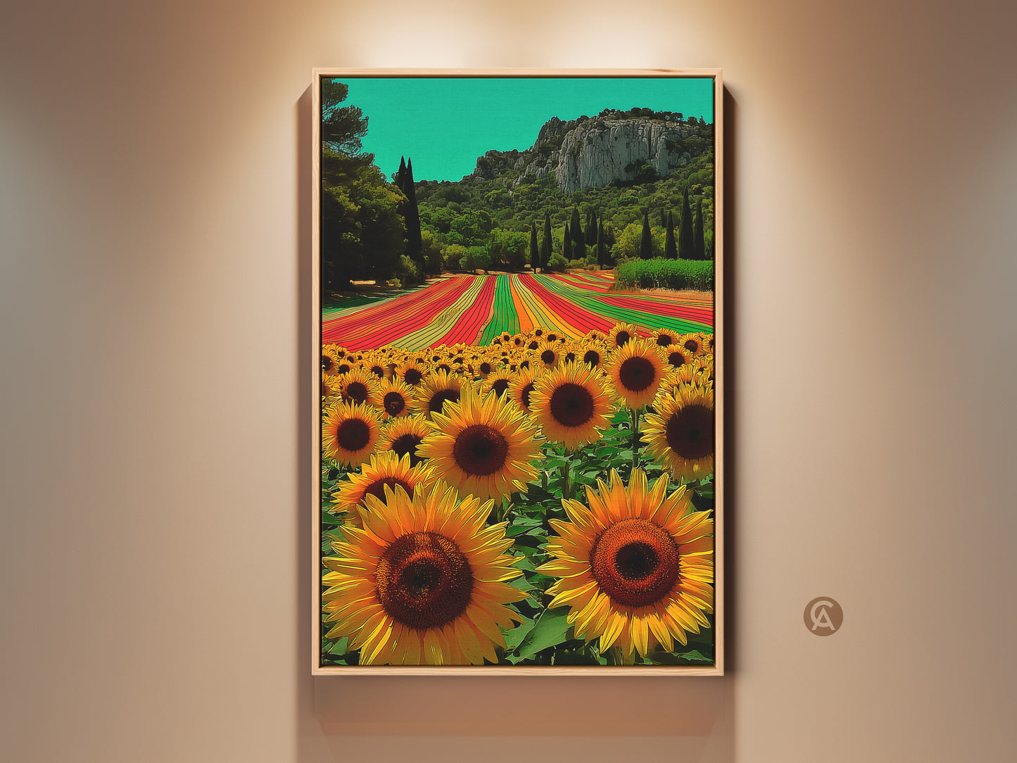 Vibrant sunflower field landscape wall art. The boho home decor features yellow and orange floral art. It shows cypress trees and a colorful field. This impressionistic nature art is a perfect housewarming gift idea.