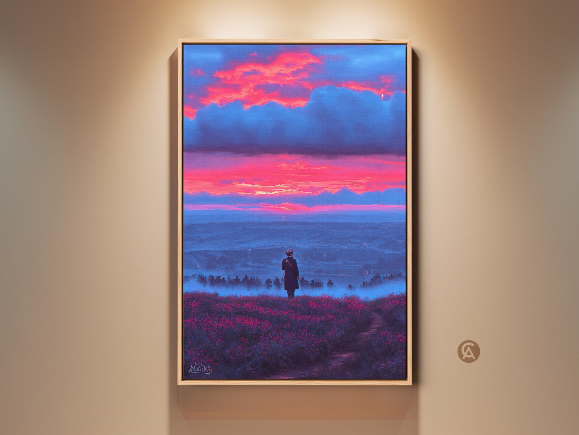 Surreal skyscape wall art featuring a lone figure overlooking a misty valley. The artwork captures a dramatic crimson and blue sunset landscape. Add an eclectic touch to your home decor with this fine art landscape print. Perfect as an anniversary gift for travel lovers printed on high-quality canvas.