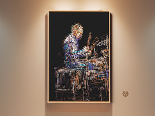 Abstract drummer line art canvas print on a beige wall. This contemporary musician artwork adds energy to any office decor. The vibrant colors and dynamic lines capture the essence of a musical performance. It's a unique and stylish piece for music lovers.