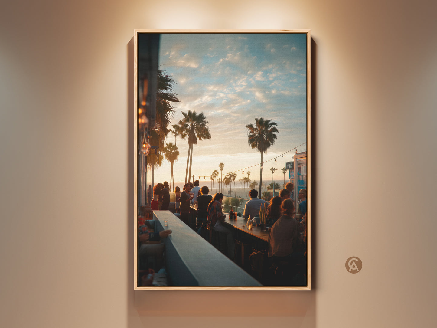 A framed canvas artwork capturing a lively bar scene at sunset. Palm trees line the horizon under a soft sky. Patrons gather enjoying the vibrant atmosphere. Perfect wall art to bring a touch of coastal energy to any space.