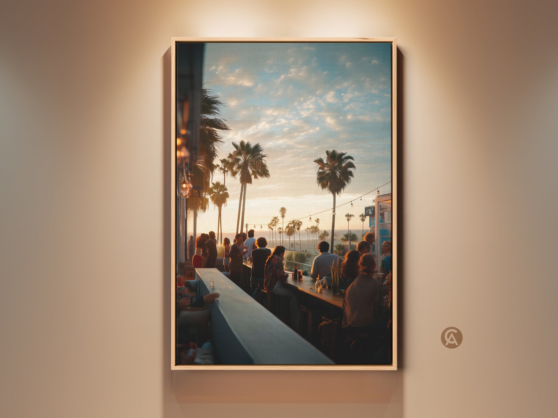 A framed canvas artwork capturing a lively bar scene at sunset. Palm trees line the horizon under a soft sky. Patrons gather enjoying the vibrant atmosphere. Perfect wall art to bring a touch of coastal energy to any space.