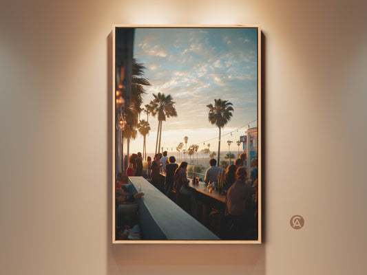 A framed canvas artwork capturing a lively bar scene at sunset. Palm trees line the horizon under a soft sky. Patrons gather enjoying the vibrant atmosphere. Perfect wall art to bring a touch of coastal energy to any space.