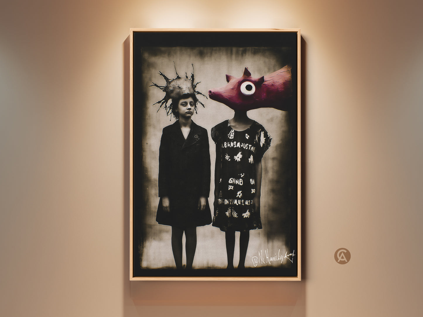 Surreal child pig art print in dark academia style. This figurative artwork features a child and a pig. It's perfect for eclectic home decor and study rooms. The sepia tones enhance the dark and intriguing elements. A unique statement piece for unconventional art lovers.