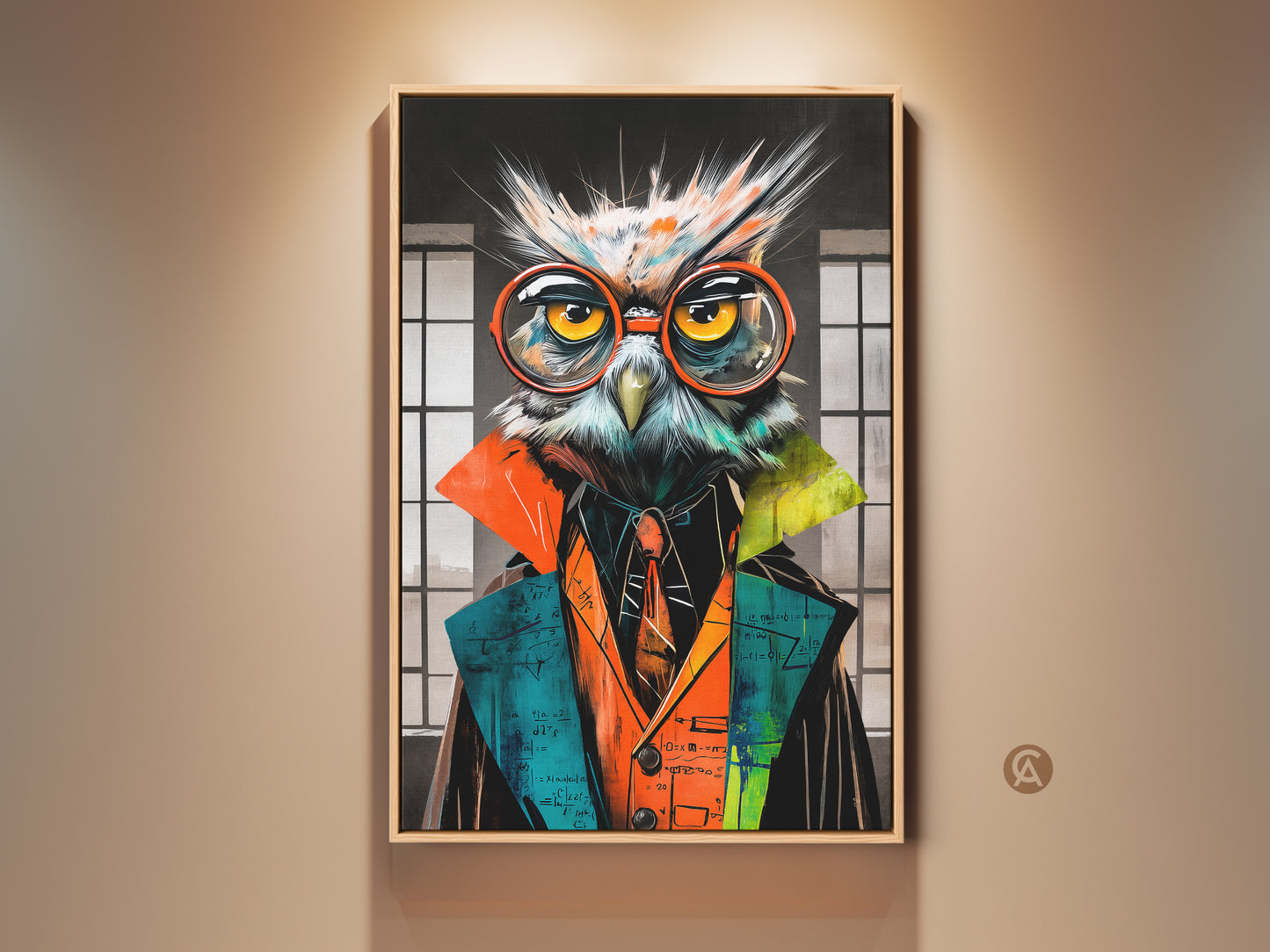 Surreal owl professor art print displayed in a room setting. The canvas decor features math equations. This eclectic office wall art makes a unique gift for academics. The artwork bursts with orange teal and yellow hues.