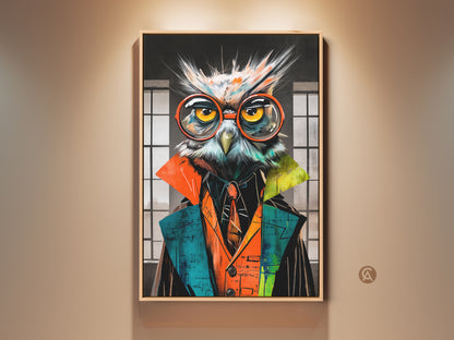 Surreal owl professor art print displayed in a room setting. The canvas decor features math equations. This eclectic office wall art makes a unique gift for academics. The artwork bursts with orange teal and yellow hues.