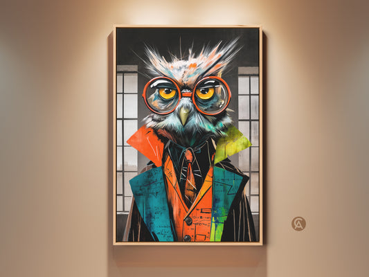 Surreal owl professor art print displayed in a room setting. The canvas decor features math equations. This eclectic office wall art makes a unique gift for academics. The artwork bursts with orange teal and yellow hues.