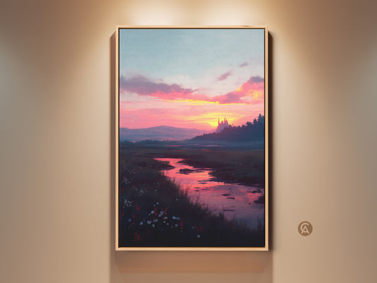 Framed sunset river landscape art print. The artwork shows a river flowing into the distance. The sky is filled with pinks and yellows from the setting sun. This wall art is perfect for adding a touch of nature to your home decor. The print is framed in a natural wood frame.