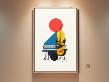 Modern abstract canvas print featuring geometric shapes and musical instruments. See the double bass and synth art in red yellow and blue. This music wall decor is a unique gift for musicians.