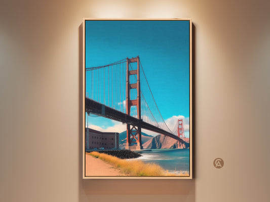 Framed Golden Gate Bridge San Francisco wall art. This photorealistic artwork showcases the iconic bridge with red orange hues. A perfect contemporary travel gift for home decor.
