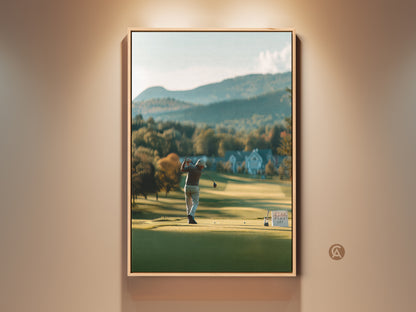 Elevate your space with golf course artwork. A framed print showcases a golfer mid-swing. Lush green fairway and distant mountains create a serene backdrop. Perfect for golf enthusiasts seeking sophisticated wall decor.