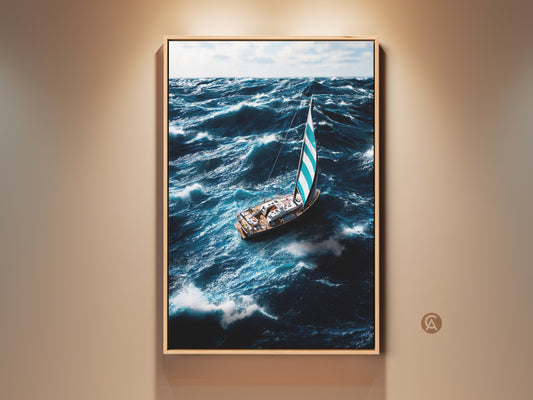 Nautical sailboat canvas art displayed in a well lit room. The coastal ocean waves artwork print features deep blues and teals. This mariner gift wall art is perfect for coastal home decor. The framed canvas adds sophistication. Buy this ocean waves artwork today