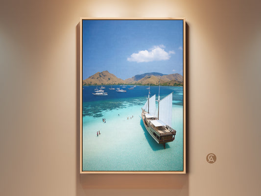 Explore this aerial ocean sailboat canvas print. It showcases coastal landscape wall art ideal for a beach house. The artwork features a blue tropical island photography decor piece. Enjoy the view of turquoise water and clear skies. It's perfect nautical art for any ocean lover's home.