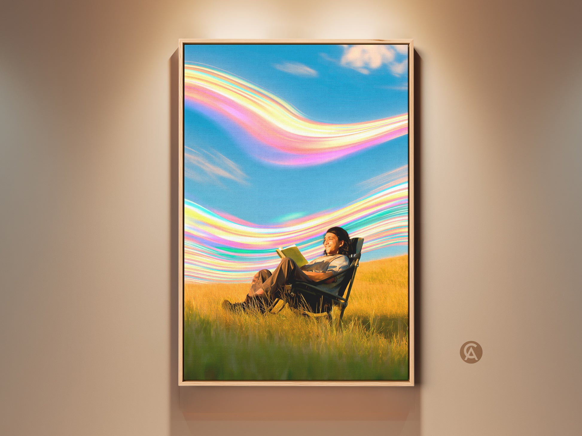 This canvas print features a surreal person reading in a field. The boho sky artwork has blue green and yellow colors. It creates a calming yet imaginative atmosphere. This art is perfect for a bedroom or home office. It is an ideal gift for book lovers seeking tranquility.
