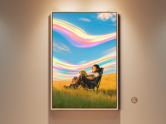This canvas print features a surreal person reading in a field. The boho sky artwork has blue green and yellow colors. It creates a calming yet imaginative atmosphere. This art is perfect for a bedroom or home office. It is an ideal gift for book lovers seeking tranquility.