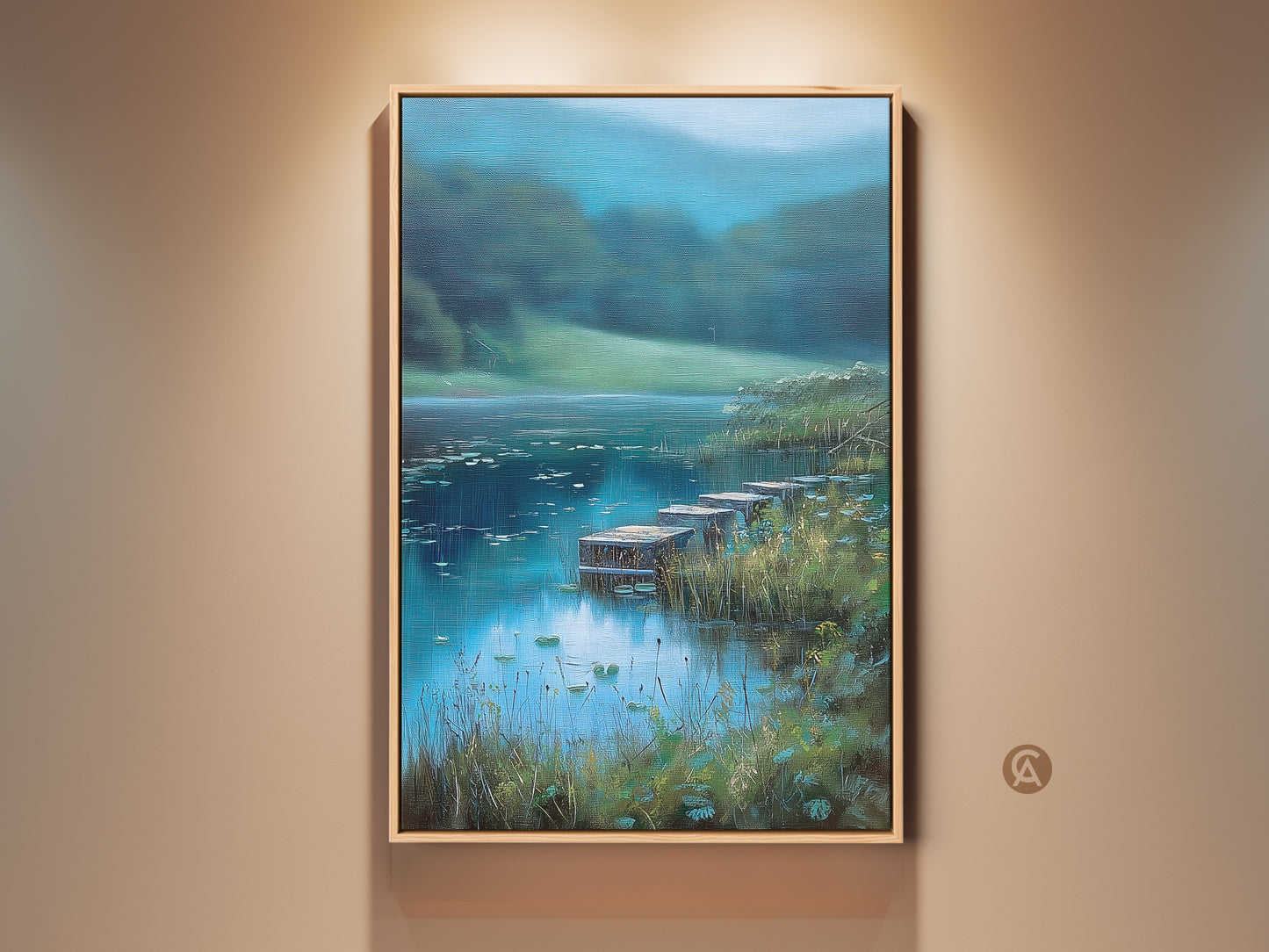 Teal Blue Green Lake Landscape canvas print. Impressionist wall art featuring rustic docks. Perfect nature artwork for bedroom decor. Ideal housewarming gift for a nature lover. The serene lake painting creates a tranquil atmosphere. Coastal home decor that brings the beauty of nature indoors.