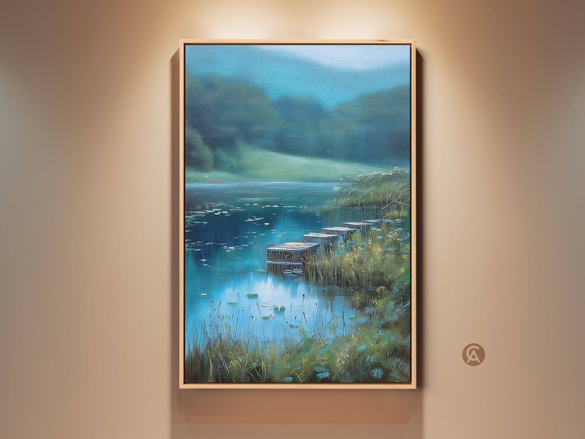 Teal Blue Green Lake Landscape canvas print. Impressionist wall art featuring rustic docks. Perfect nature artwork for bedroom decor. Ideal housewarming gift for a nature lover. The serene lake painting creates a tranquil atmosphere. Coastal home decor that brings the beauty of nature indoors.