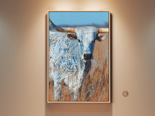 This longhorn bull artwork is stunning. The canvas art shows the animal in a field of grass. The fine art print would look great in your home. The blue and white speckled longhorn is a beauty.