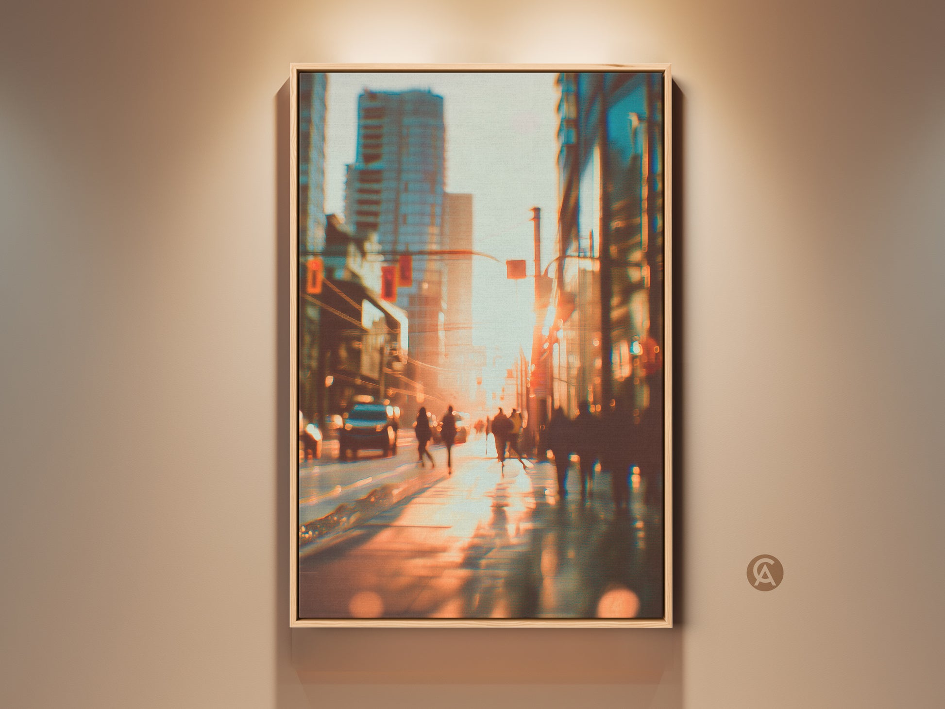 Urban artwork featuring a blurred city street scene at sunset. The warm sunlight reflects off the wet pavement. Pedestrians and vehicles add to the bustling atmosphere. This framed artwork captures the energy of city life. A perfect piece for modern decor.