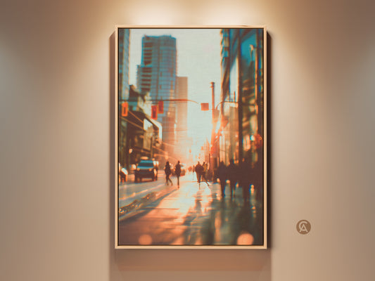 Urban artwork featuring a blurred city street scene at sunset. The warm sunlight reflects off the wet pavement. Pedestrians and vehicles add to the bustling atmosphere. This framed artwork captures the energy of city life. A perfect piece for modern decor.
