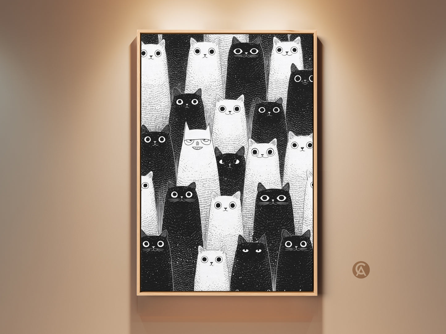 Framed minimalist cat wall art. This black and white feline print is modern home decor. A cute cat art piece ideal as a gift for cat lovers. Perfect bedroom art.