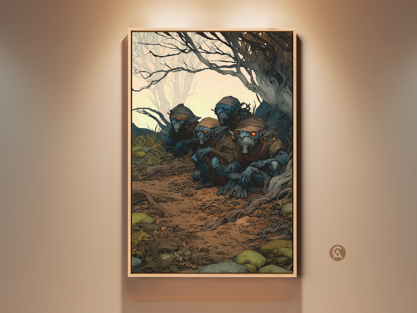 Framed Goblin art print displayed in a well lit room. This dark fantasy art piece is a unique Halloween gift. Its earthy blue and brown tones add an eclectic touch. See this forest goblin artwork hanging in a home setting.