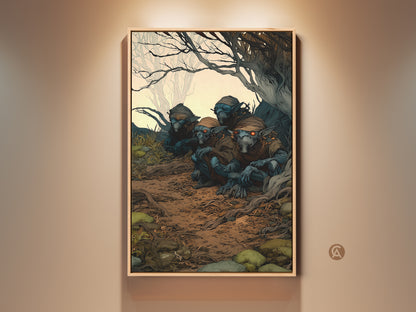Framed Goblin art print displayed in a well lit room. This dark fantasy art piece is a unique Halloween gift. Its earthy blue and brown tones add an eclectic touch. See this forest goblin artwork hanging in a home setting.