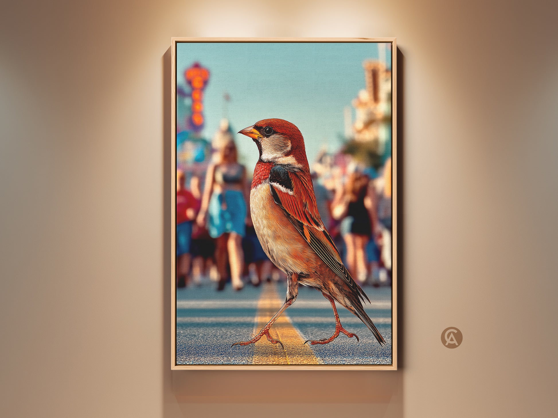 A photorealistic sparrow stands on a street in this contemporary canvas print. The urban wildlife artwork features orange brown teal tones ideal for modern home decor. This sparrow street scene is a unique entryway art piece perfect for nature & city lovers seeking animal-themed wall art.