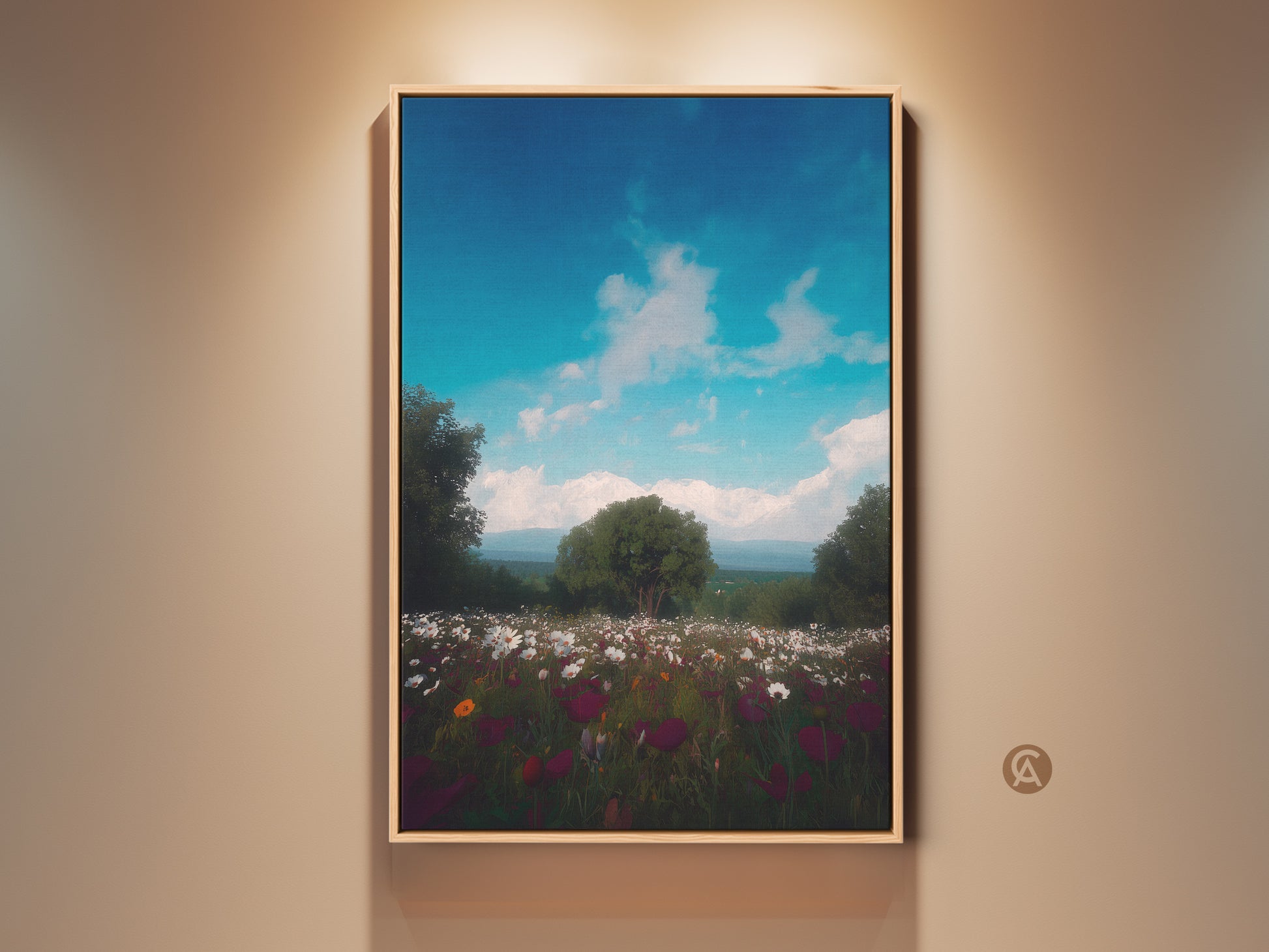 Sky Blue Wildflower Landscape Canvas Print displayed in a natural wood frame. This boho nature art is ideal for bedroom decor. The impressionistic floral artwork brings nature's beauty indoors. A serene aesthetic for any space