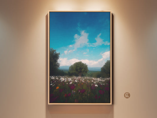 Sky Blue Wildflower Landscape Canvas Print displayed in a natural wood frame. This boho nature art is ideal for bedroom decor. The impressionistic floral artwork brings nature's beauty indoors. A serene aesthetic for any space