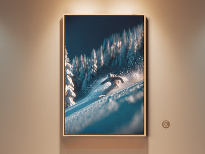 Experience the thrill of winter with this captivating framed artwork. A lone skier carves through fresh powder. Snowy pines create a stunning backdrop against the twilight sky. This piece is perfect for adding a touch of adventure to any room.