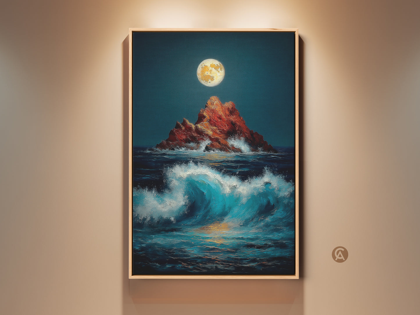 Dramatic moonlit ocean canvas art showcases a sun-kissed rocky island. Crashing waves in deep blue and orange hues create a captivating coastal seascape. Perfect home office or bedroom wall art.
