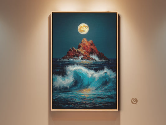Dramatic moonlit ocean canvas art showcases a sun-kissed rocky island. Crashing waves in deep blue and orange hues create a captivating coastal seascape. Perfect home office or bedroom wall art.