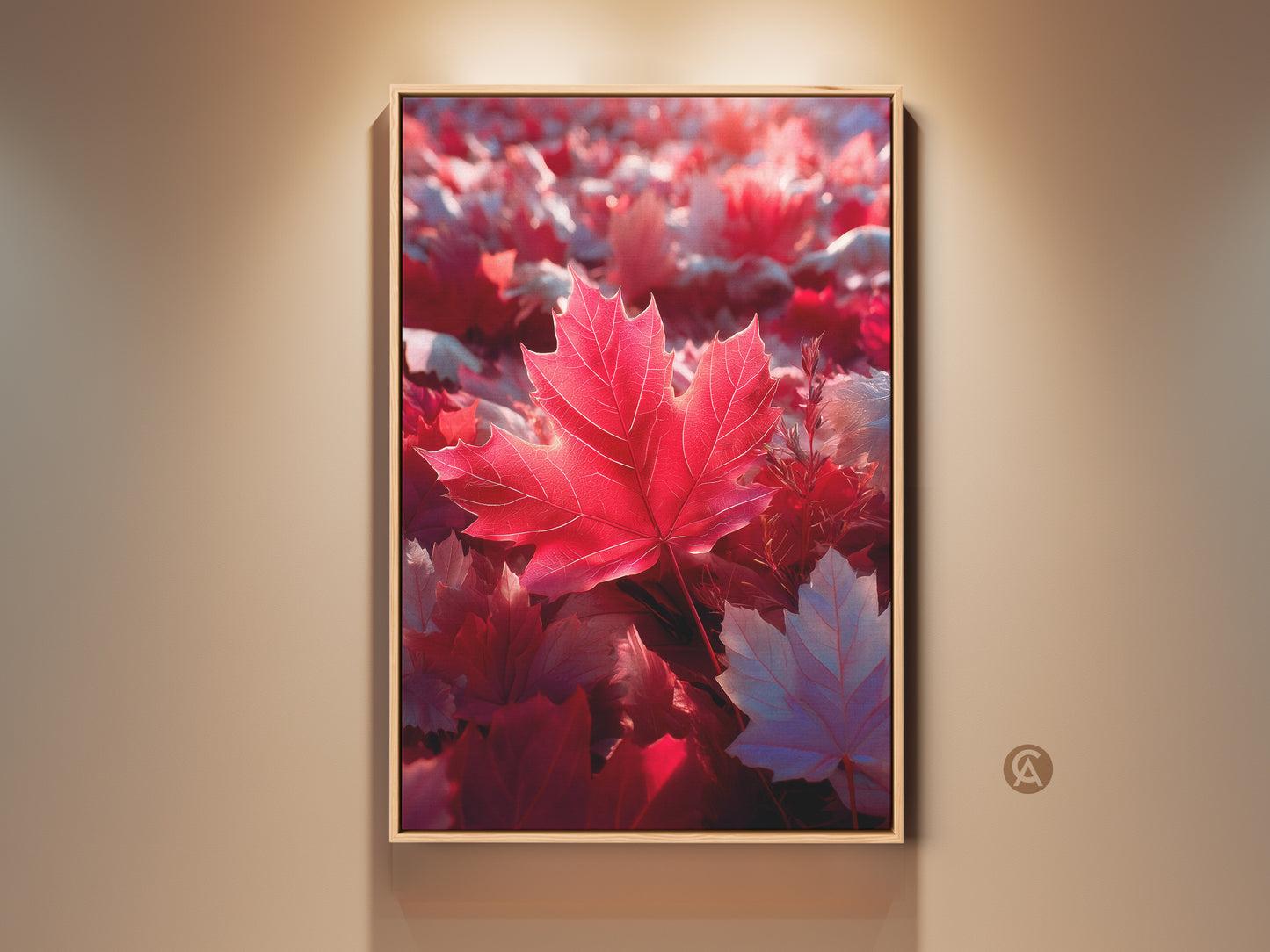Framed print art featuring a red maple leaf. The artwork is matted and ready to hang. It's a stunning piece of wall art for any home decor. This art print captures the beauty of autumn.