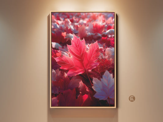 Framed print art featuring a red maple leaf. The artwork is matted and ready to hang. It's a stunning piece of wall art for any home decor. This art print captures the beauty of autumn.