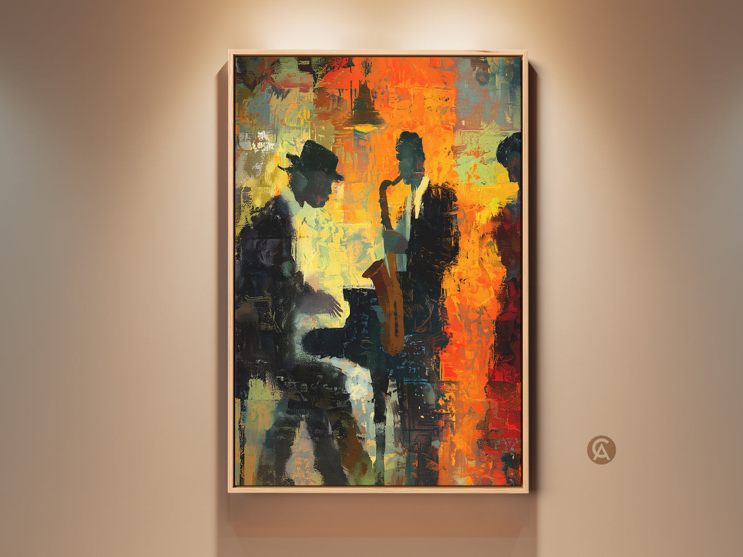 Vibrant jazz club scene artwork. A pianist a saxophonist and a spectator are silhouetted against an abstract background of orange and yellow hues. The painting captures the energy of live music. It is perfect for music lovers and art collectors.