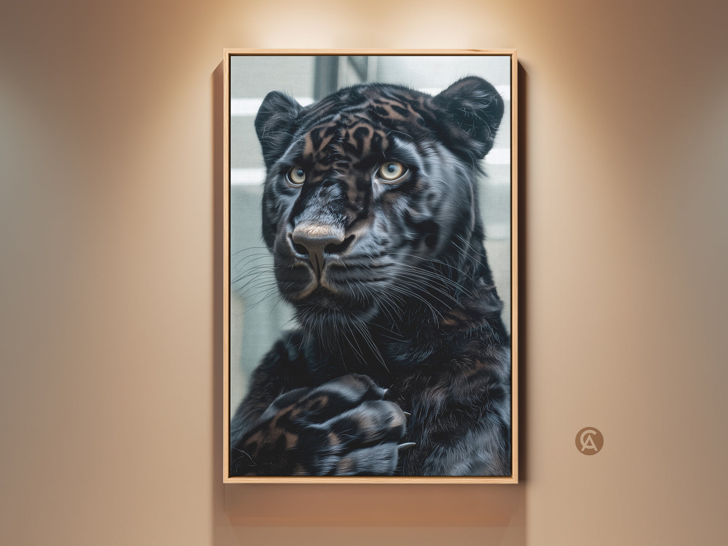 Close-up framed artwork of a black panther with striking yellow eyes. The panther's fur showcases a unique spotted pattern. The art exudes a blend of power and grace. It's a captivating wildlife portrait ready to hang and admire.