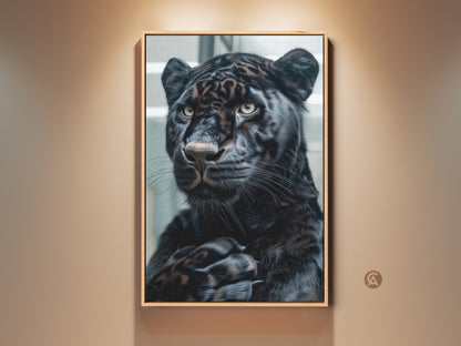Close-up framed artwork of a black panther with striking yellow eyes. The panther's fur showcases a unique spotted pattern. The art exudes a blend of power and grace. It's a captivating wildlife portrait ready to hang and admire.