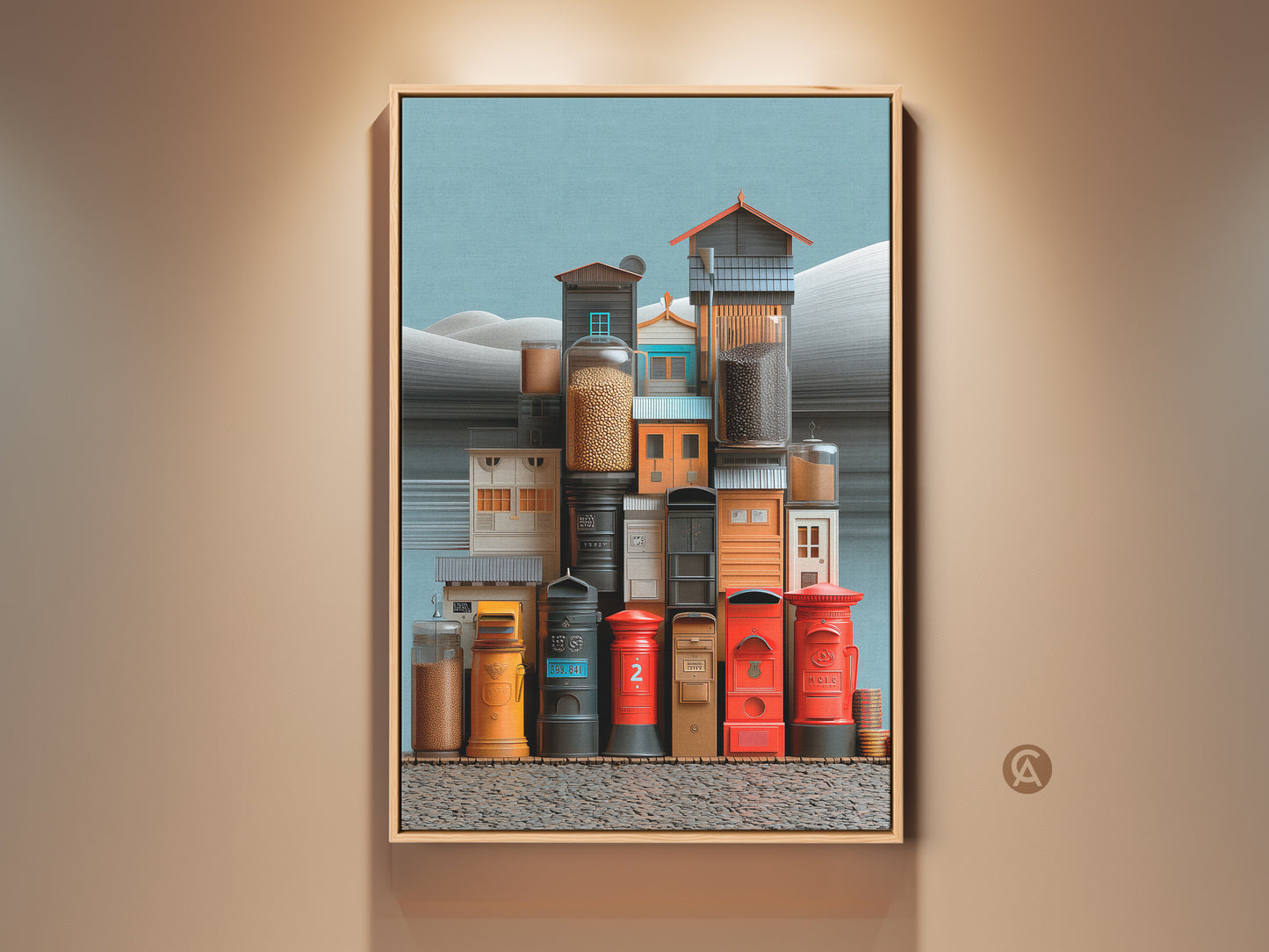 Framed eclectic art print showcasing surrealist urban architecture. Red yellow teal hues bring life to post boxes and jars. A unique housewarming gift that adds a quirky touch to any room. Perfect for travel enthusiasts seeking architectural still life artwork.