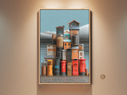 Framed eclectic art print showcasing surrealist urban architecture. Red yellow teal hues bring life to post boxes and jars. A unique housewarming gift that adds a quirky touch to any room. Perfect for travel enthusiasts seeking architectural still life artwork.